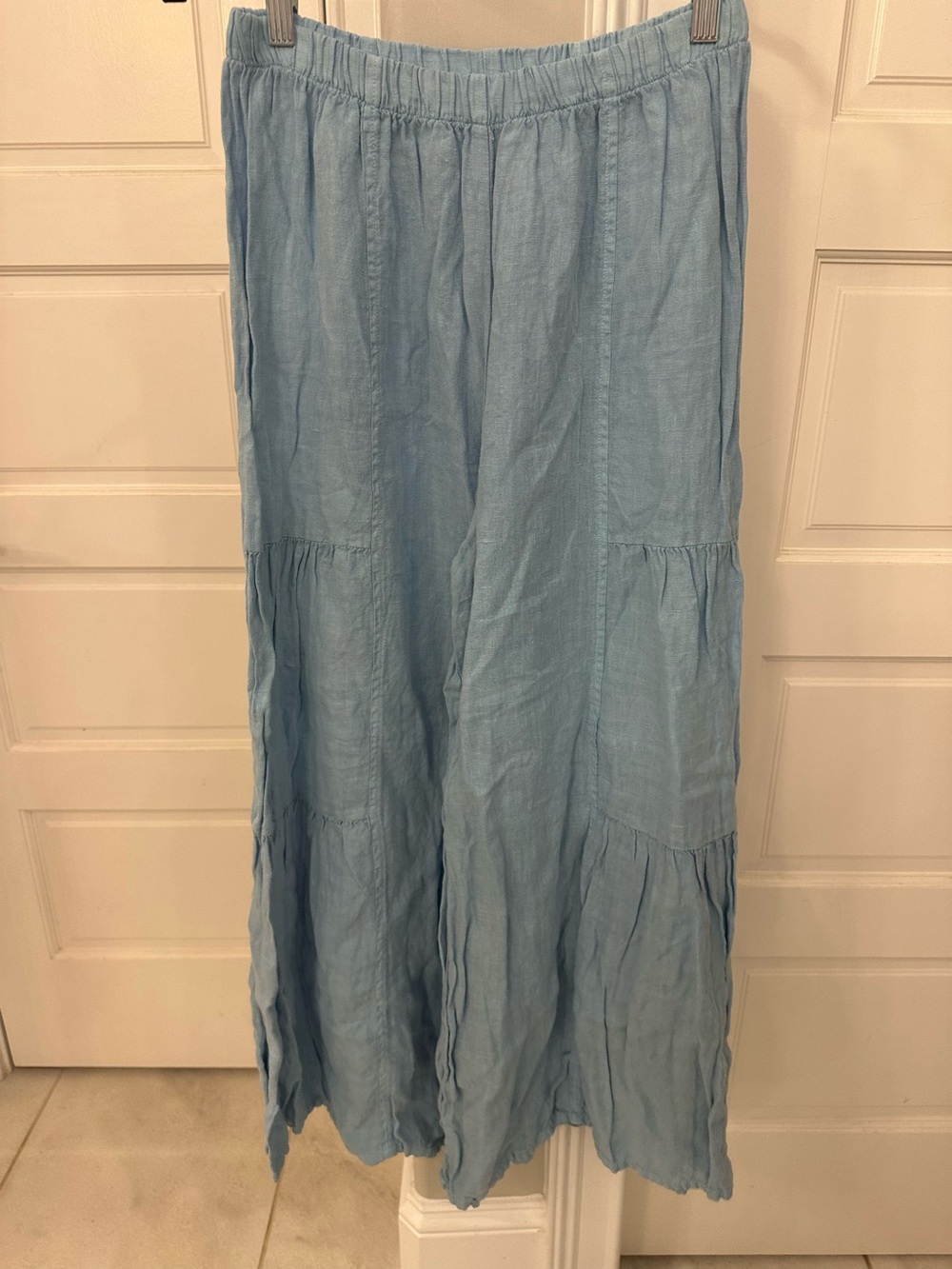 Match Point USA Blue Linen Super Wide Leg Tiered Culotte Pants Large Lagenlook